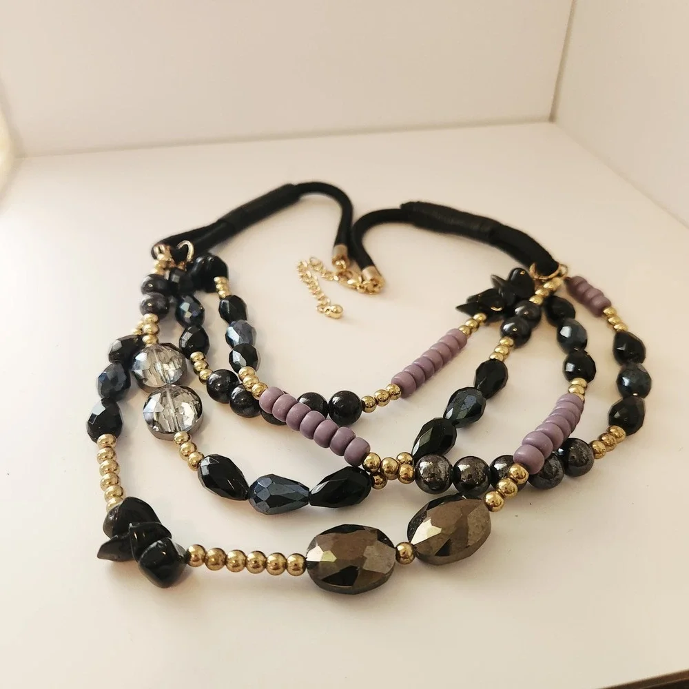 Multi Strand Statement Necklace Black Purple Gold Beaded Layered Cord Adjustable